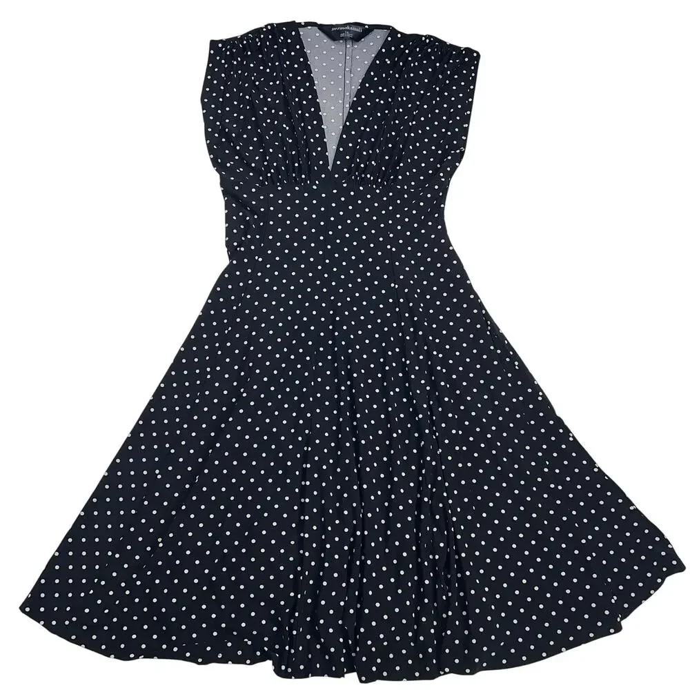 Norma Kamali Polka Dot Swing Dress Black White V-Neck Midi Flared A-Line Size L - Picture 5 of 12